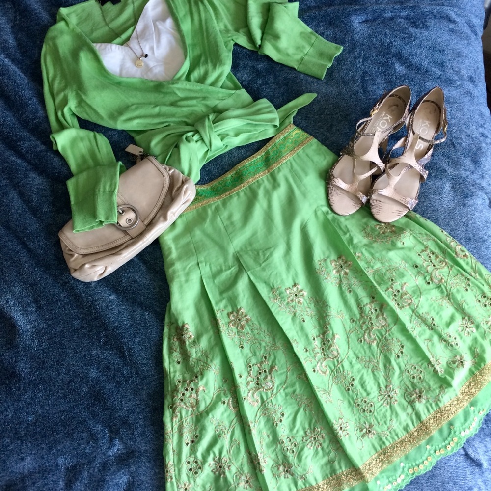 Express Knee Length Bright Green Eyelet Skirt